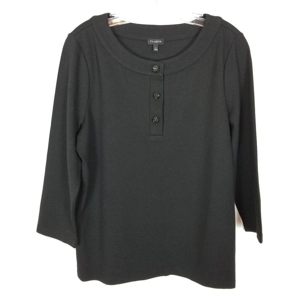 Talbots Women Knit Top Sz L Black Shiny Button Neck‎ 3/4 Sleeve Blouse Event